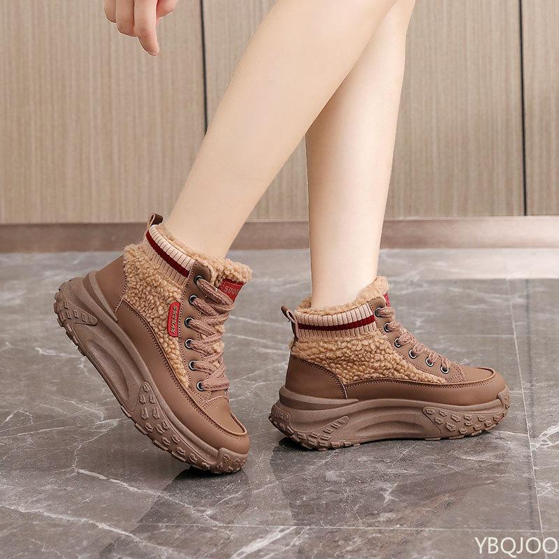 New Autumn Winter Cotton Shoes with Thick Soles for Warmth High Top Color Blocking Height Increasing Simple Women's Shoes