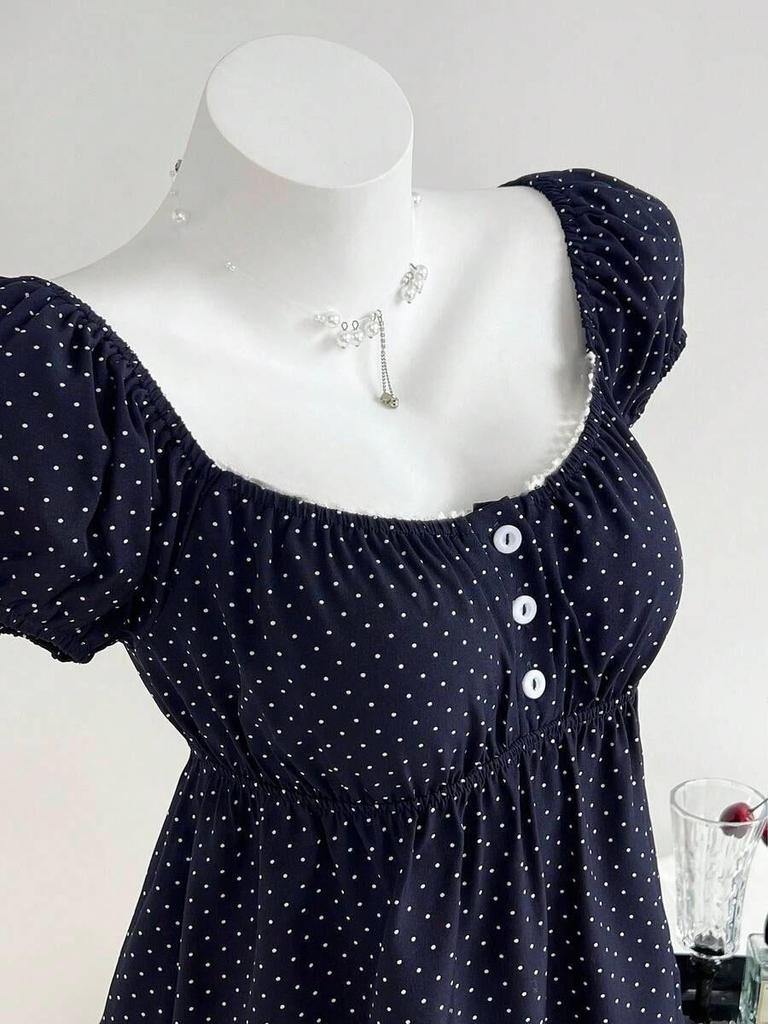 Summer 2026 Women's Polka Dot Puff Sleeve French Square Neck Slim Waist Top