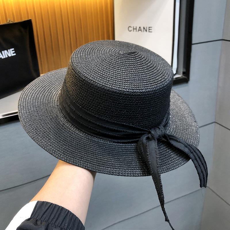 Women's Summer Straw Hat with Ribbon, Wide Brim Sun Protection Beach Cap, Elegant Flat Top Fisherman Hat for Outdoor Use