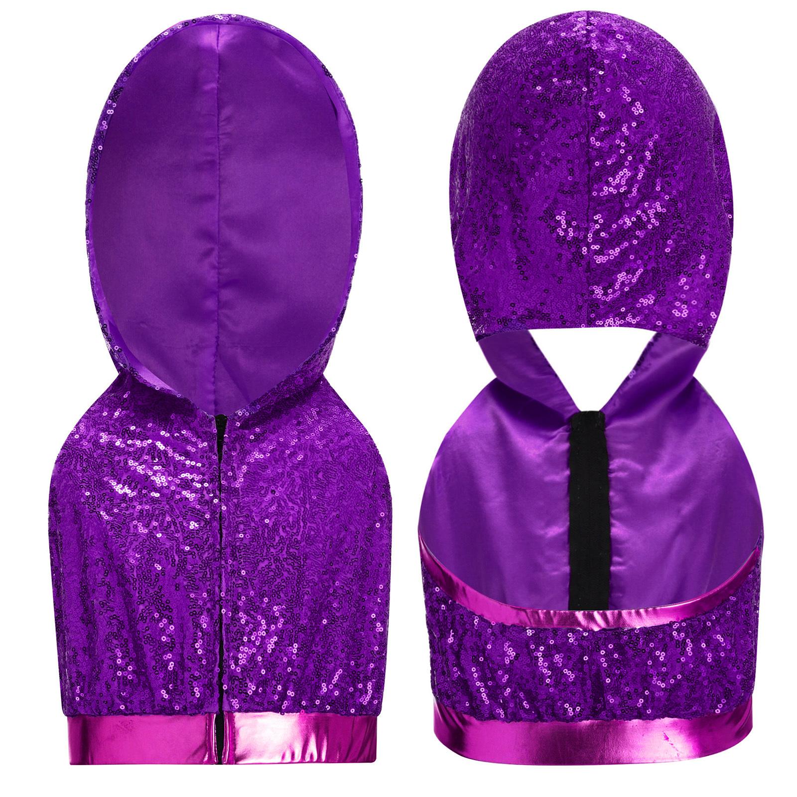 

Kids Hip-Hop Jazz Dance Crop Top: Sleeveless Backless Hooded Style with Front Zipper & Sparkling Sequins for Stage Performance 5-6 Years