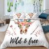 Bull Skull Duvet Cover Set Boho Chic Feather Bedding Set Bohemian Exotic Branches Flower For Teens Microfiber King Quilt Cover