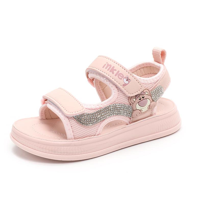 Children's open-toe beach shoes2026New Spring and Summer Rhinestone Girls' Sandals Cute Bear Velcro Children's Shoes