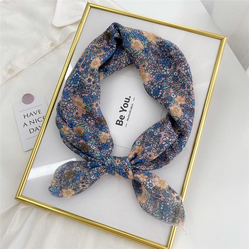 Floral Cotton Linen Silk Scarf: Women's Square Headband for Spring, Summer, Autumn - Korean Fresh Style