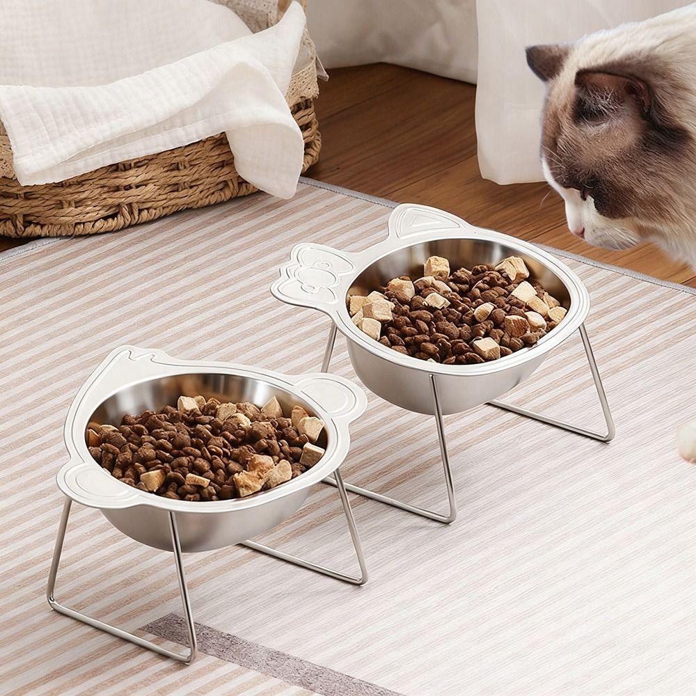 Cute Stainless Steel Raised Cat Bowl Slanted with Stand Cat Food Bowls Tilted Neck Guard Pet Feeder Pet Supplies