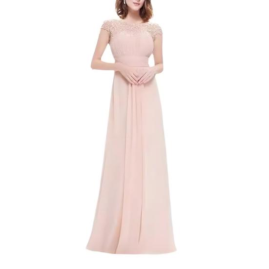 Women's Lace Bridesmaid Dress Cap Sleeve Ruched Round Neck Chiffon Formal Evening Gown A-Line Wedding Guest Maxi Dress for Cocktail Party Prom