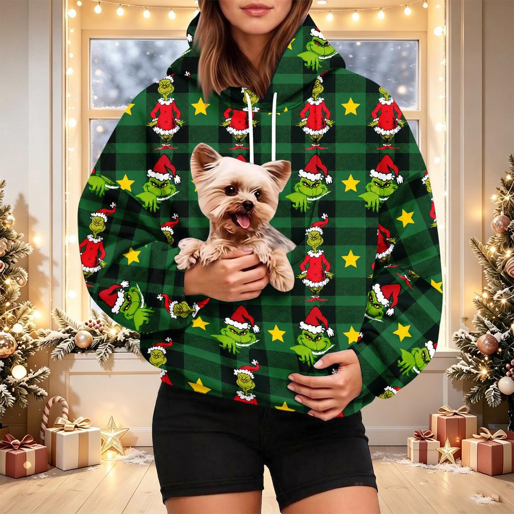 Damen Weihnachts-Print Kapuzenpullover mit Haustier-Tasche, Lässiger Feiertags-Pullover