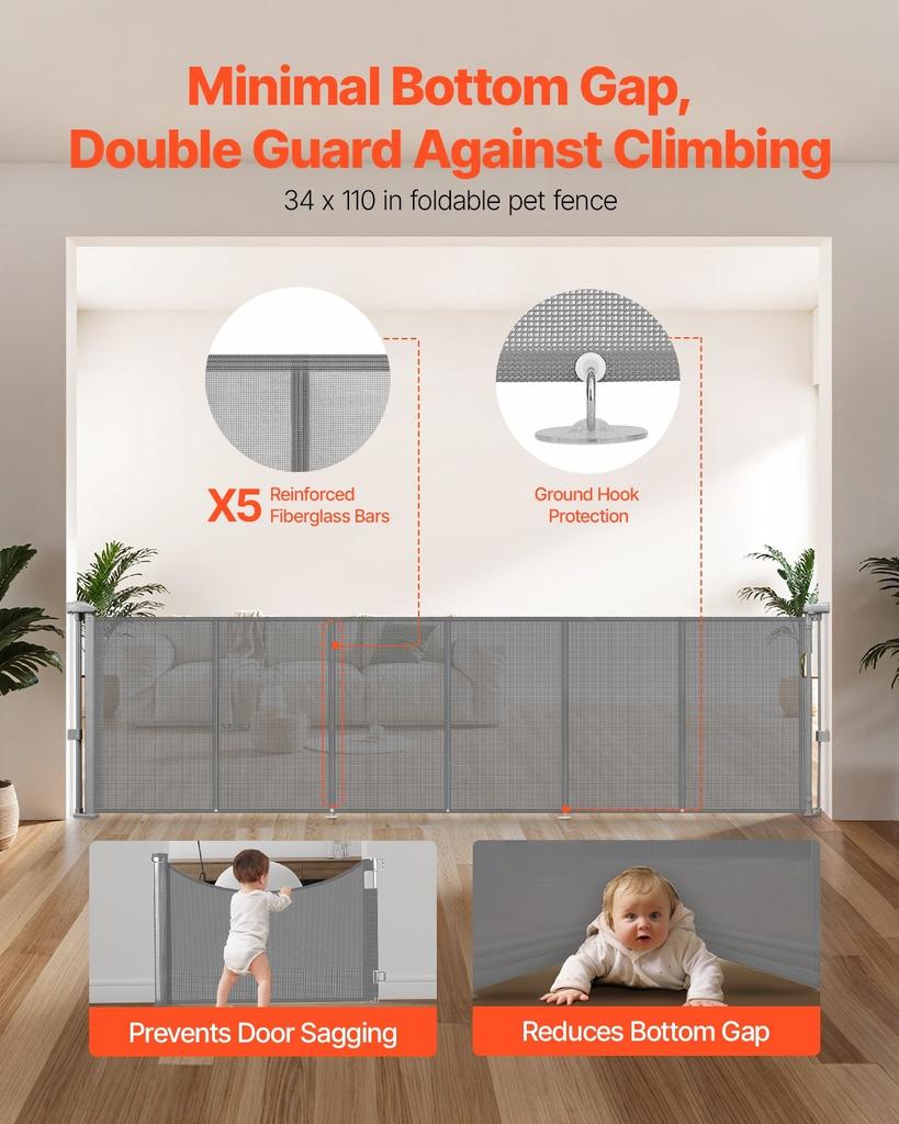 Retractable Baby Gate, 870 Mm Tall, Extends Up To 2800 Mm Wide, Retractable Gate for Kids or Pets, Mesh Material, Easy To Install for Indoor Stairs,