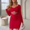 Temperament Elegant V-neck Dress New Elastic Slim Fit Long Sleeve Red Retro Short Skirt Women