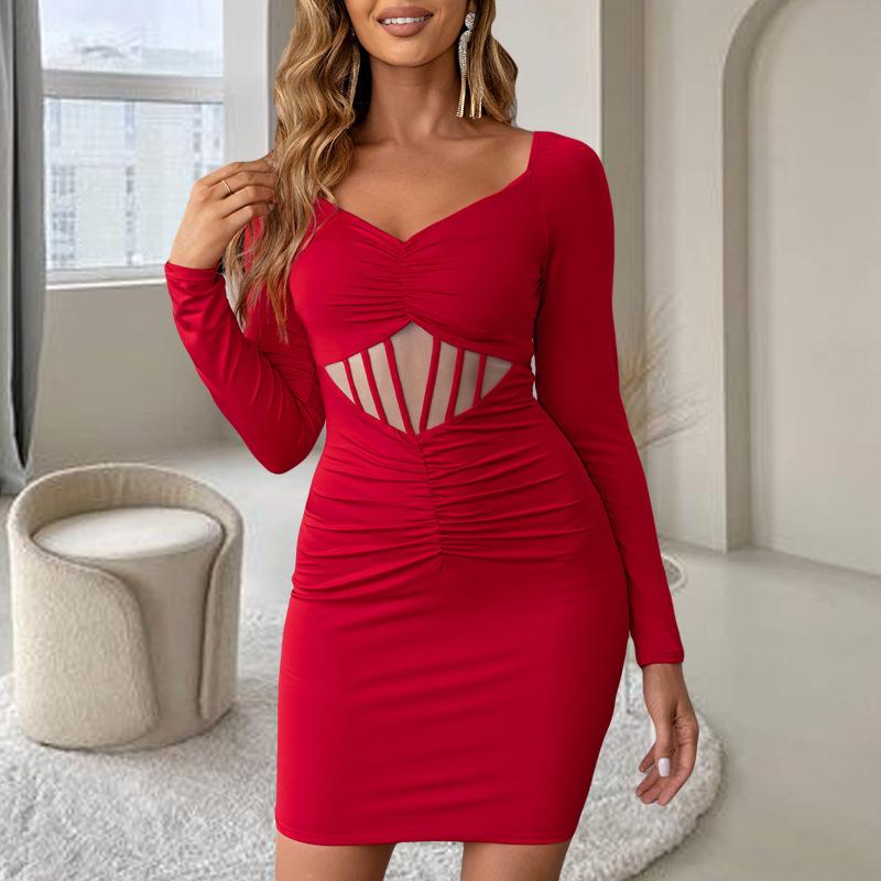 Temperament Elegant V-neck Dress New Elastic Slim Fit Long Sleeve Red Retro Short Skirt Women