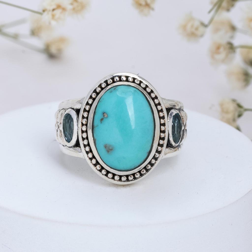 Arizona Turquoise & Swiss Blue Topaz Ring: 925 Sterling Silver Statement Ring