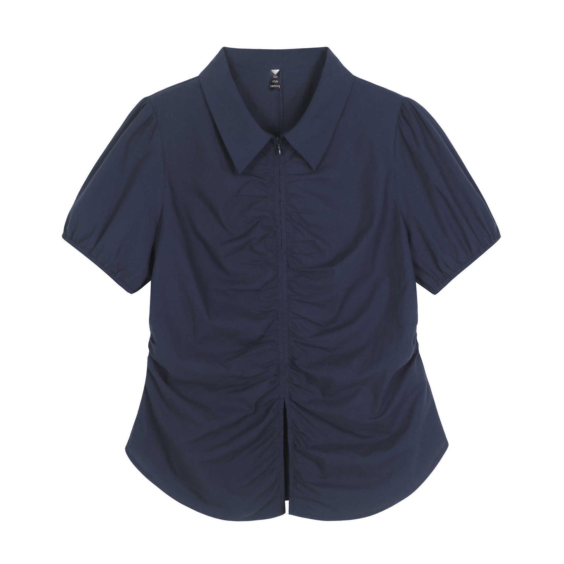 

Korean Lapel Puff Sleeve Pleated Plus Size Women s Slimming Top 2XL (Recommended 70-80 kg) темно-синий