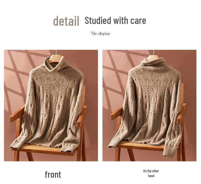 Women's High Neck Cable Knit Cashmere Sweater - Cozy, Loose Pullover for Autumn & Winter