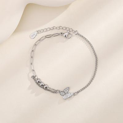 Sterling Silver S925 Silver Bracelet Fashion Commuting Style Elf Double-Layer Bracelet Round Bead Flash Diamond Butterfly Bracelet