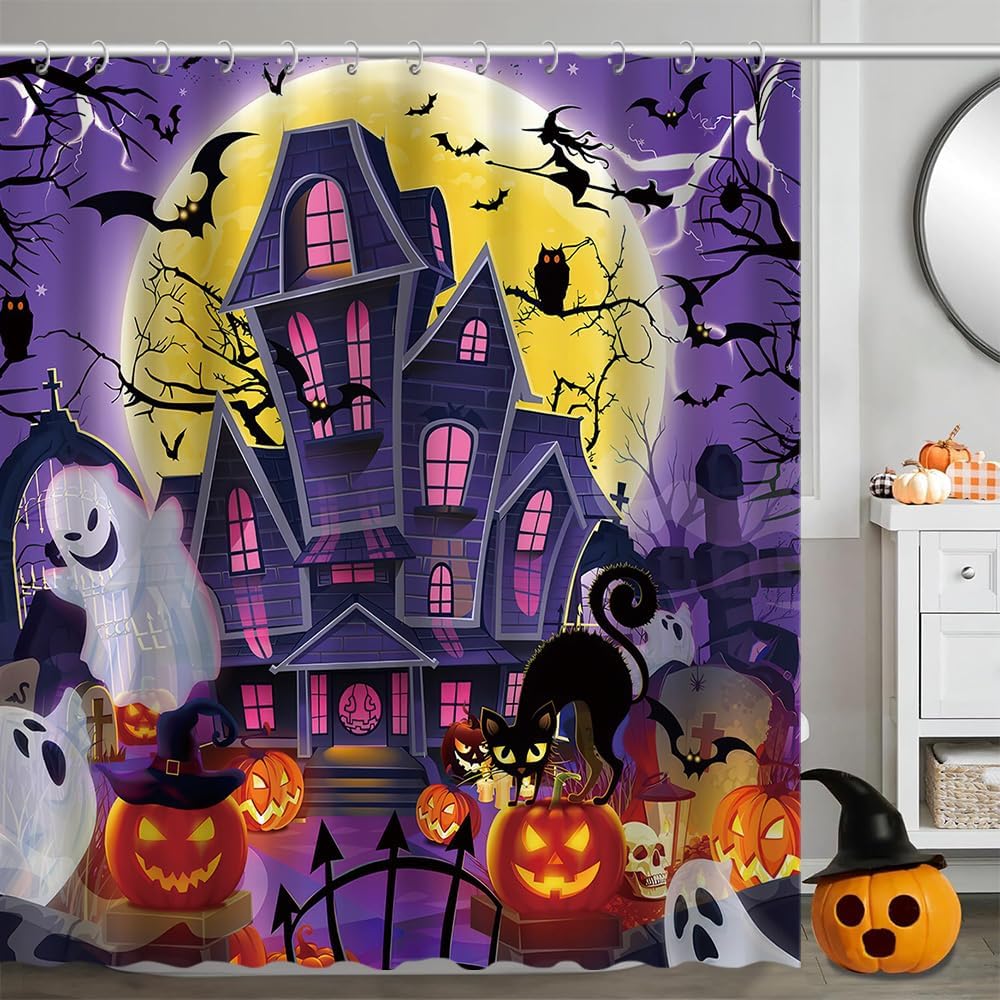 Spooky Halloween Shower Curtain Scary Face Cute Bathroom Decor with HooksFabric Curtain for Party or Home Decoration