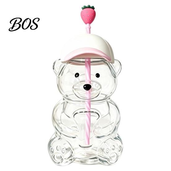 Heat Resistant Borosilicate Glass 600ML Bear Tumbler with Lid & Straw, 20oz Drinking Durable Container Cup for Iced Coffee, Boba Tea, Milk, Gift Women