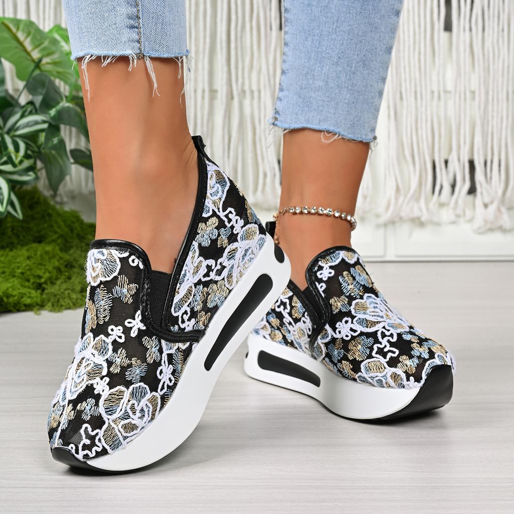 Fashion Women's Low-cut Shoes 2025 Spring and Summer Fashion Floral Pattern Mesh Breathable Comfortable Platform Sneakers Tenis De Mujer