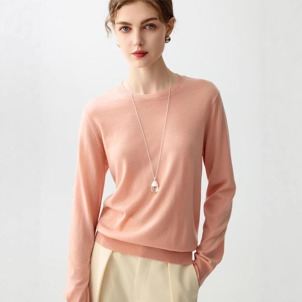 Women's Soft Skin-Friendly Pure Wool Round Neck Pullover Sweater – Gentle Style, Long Sleeve