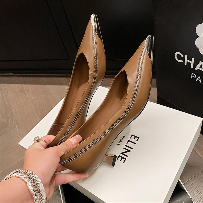 Fashion 2024 New Spring Summer Split Leather Women Shoes Metal Pointed Toe High Heel Women Pumps Shallow Loafers for Women Ladies Shoes