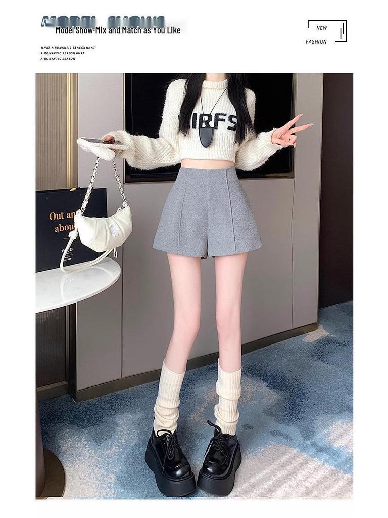 Women's Gray Retro Woolen Booty Shorts - Autumn/Winter Casual Straight Wide Leg Pants