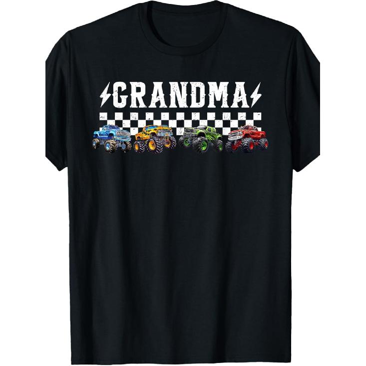 Grandma Retro Monster Truck Family Crew Birthday Matching T-Shirt | Casual Crew Neck, Slight Stretch Fabric, Regular Fit, Print Pattern, Perfect for S чёрный