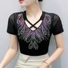 Summer New Cross V-neck Shiny Hot Diamonds T-shirt For Women Slim Short Sleeve Tees Lady Fashion Casual Elastic Mesh Tops