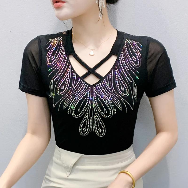 Summer New Cross V-neck Shiny Hot Diamonds T-shirt For Women Slim Short Sleeve Tees Lady Fashion Casual Elastic Mesh Tops