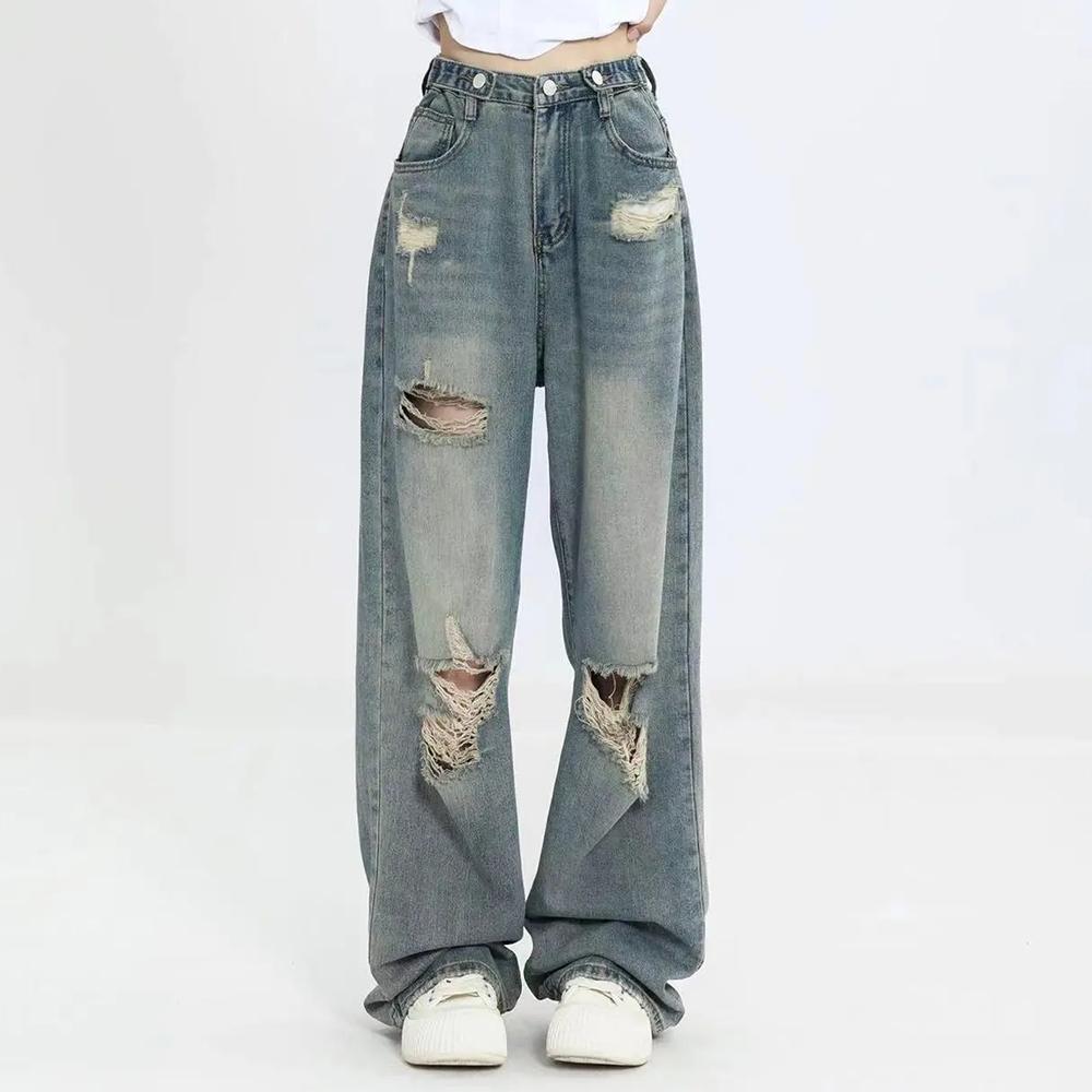 Retro Dżinsy z dziurami Damskie Wysoki stan Luźny krój z prostym krokiem Slim Design High-street Szerokie nogawki Długie spodnie