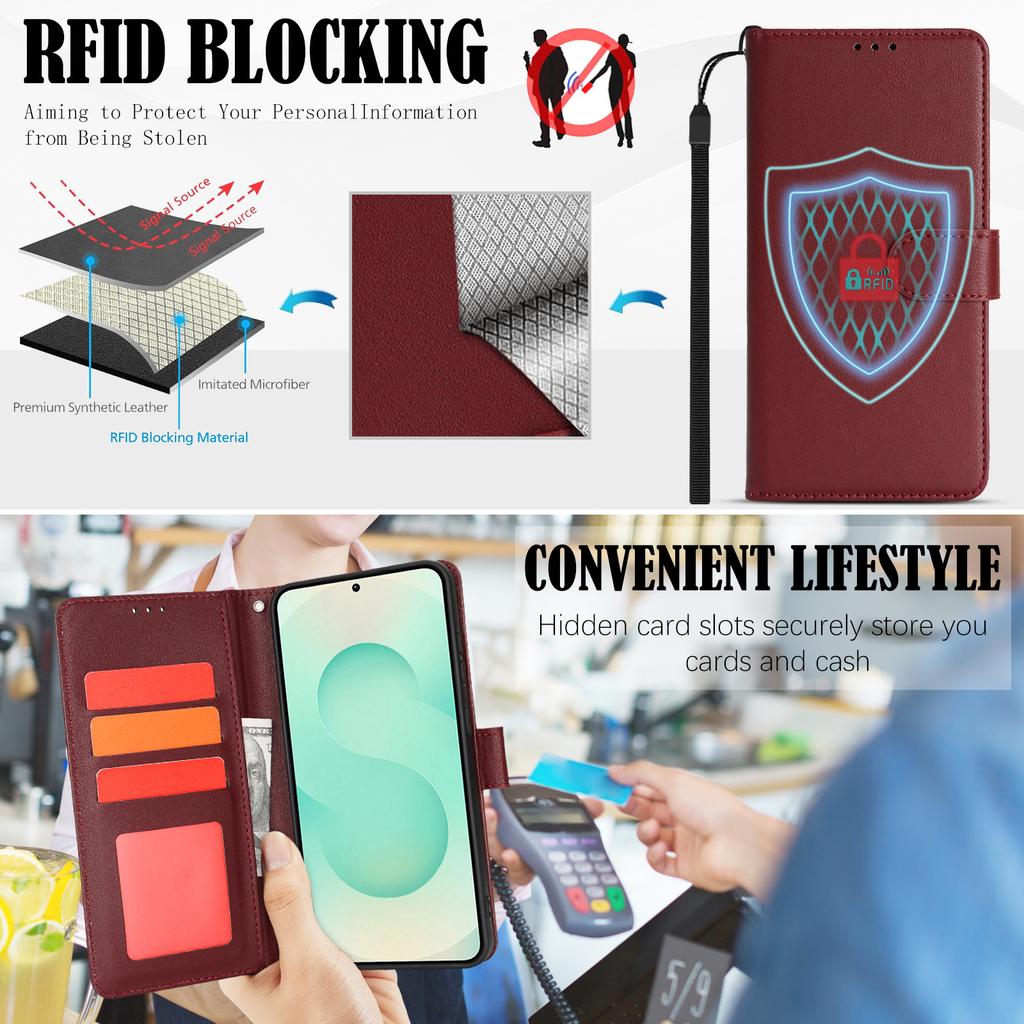 For Samsung Galaxy A25 5G (Global) (161.0mm) Case RFID Blocking Flip Leather Phone Cover with Wrist Strap