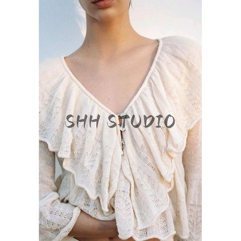 Spring New Women's Clothing Casual Style Laminated Decoration Elegant V-neck Simple Thin Knitwear 3456101