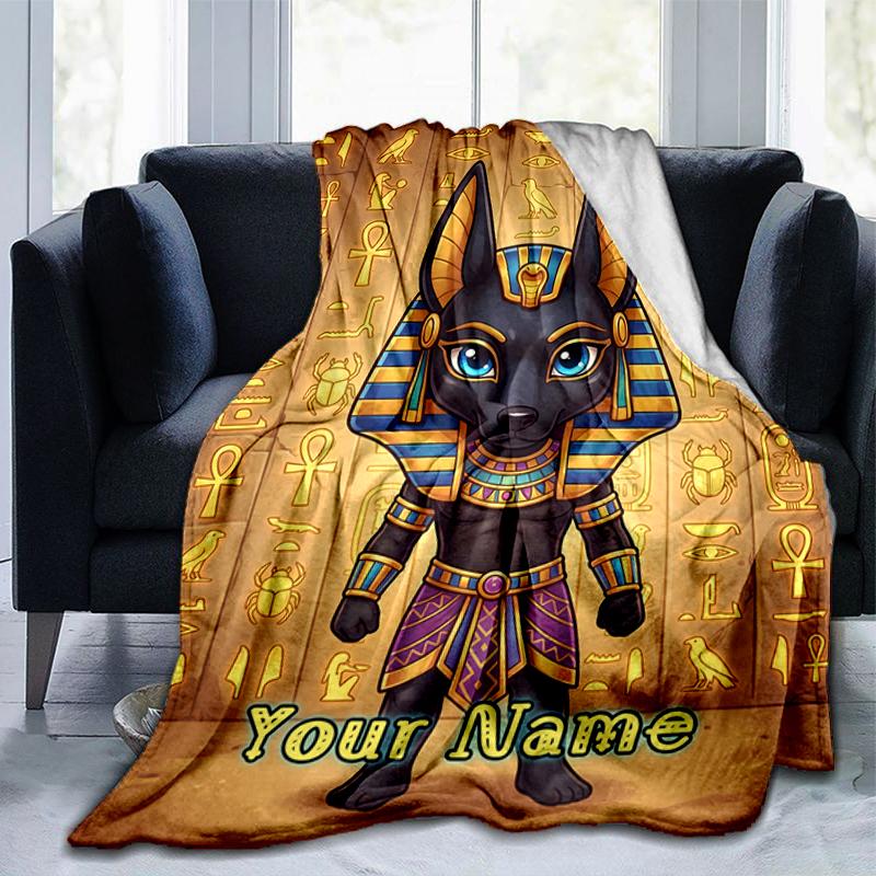 1PC Custom Name Ancient Egyptian God Anubis flannel blanket versatile,all-season throw suitable for the living room,bedroom,camping,travel,and gift