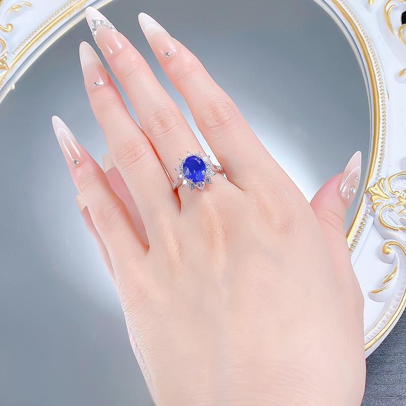 2025 S925 Silver Blue Flower Oval Ring - European & American Style