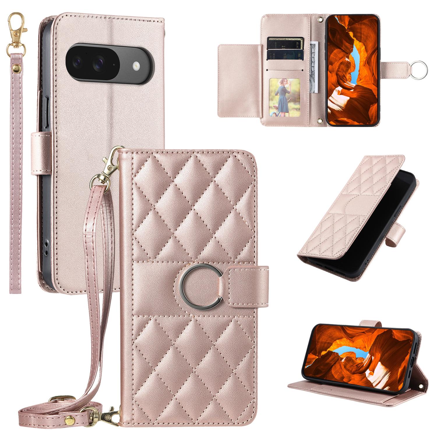 

For Google Pixel 9/9 Pro Crossbody Leather Case Ring Buckle Wallet Stand Rhombus Mobile Cover Rose Gold