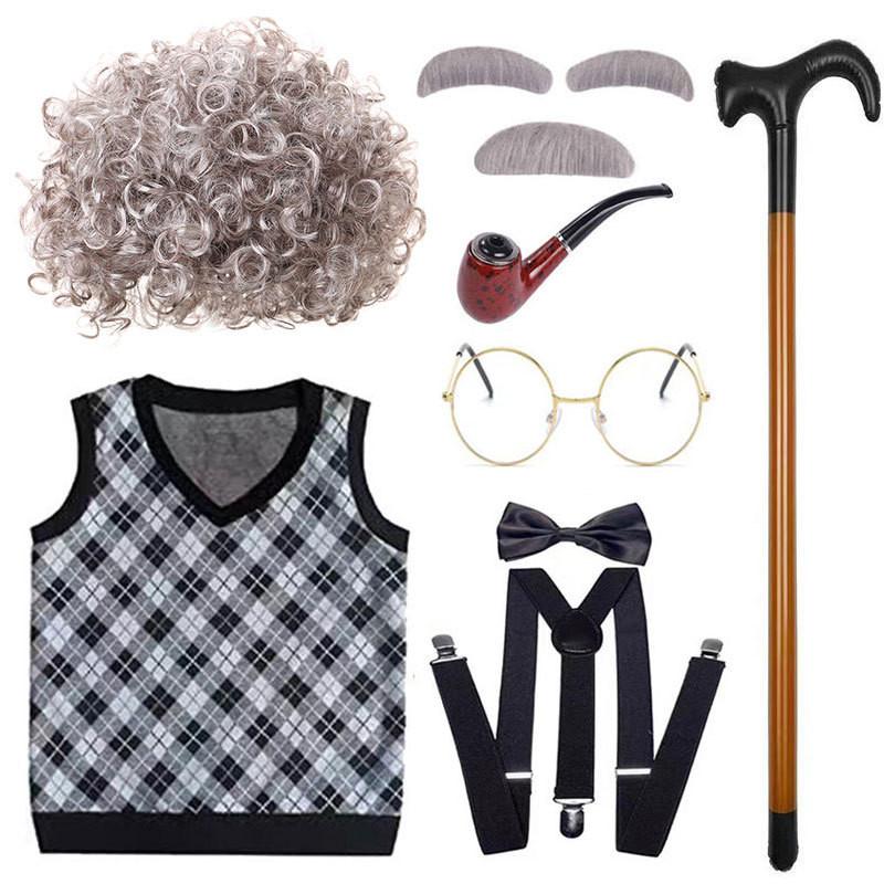 Classic Grandfather Costume Wig Set Featuring Short Soft Curly Hair And Stylish Vest For Kids