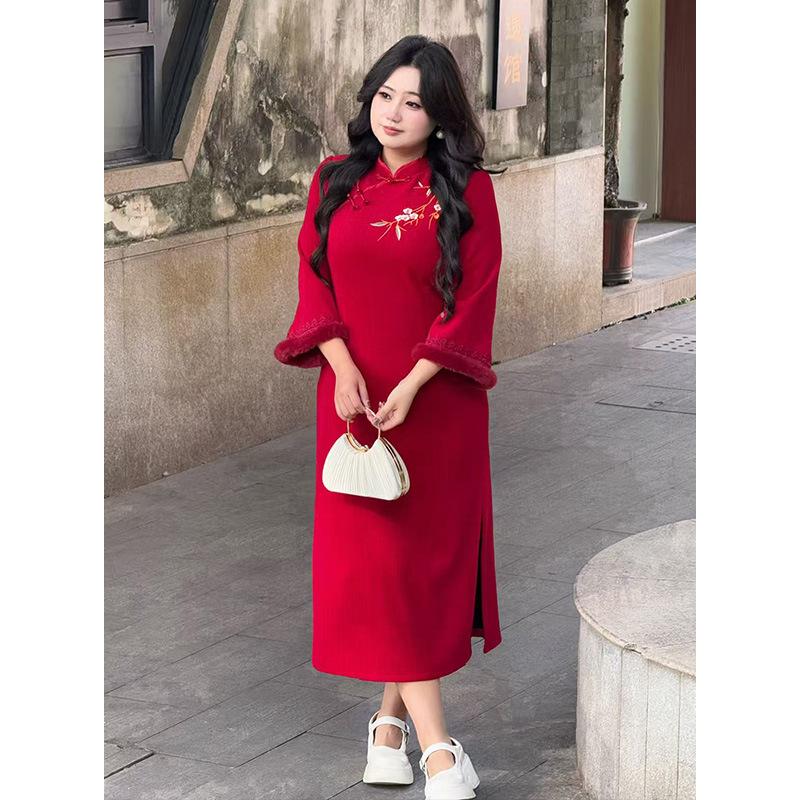 Fat MM New Chinese Literary and Retro Dress Women's Winter New Long-sleeved Fashion Cheongsam