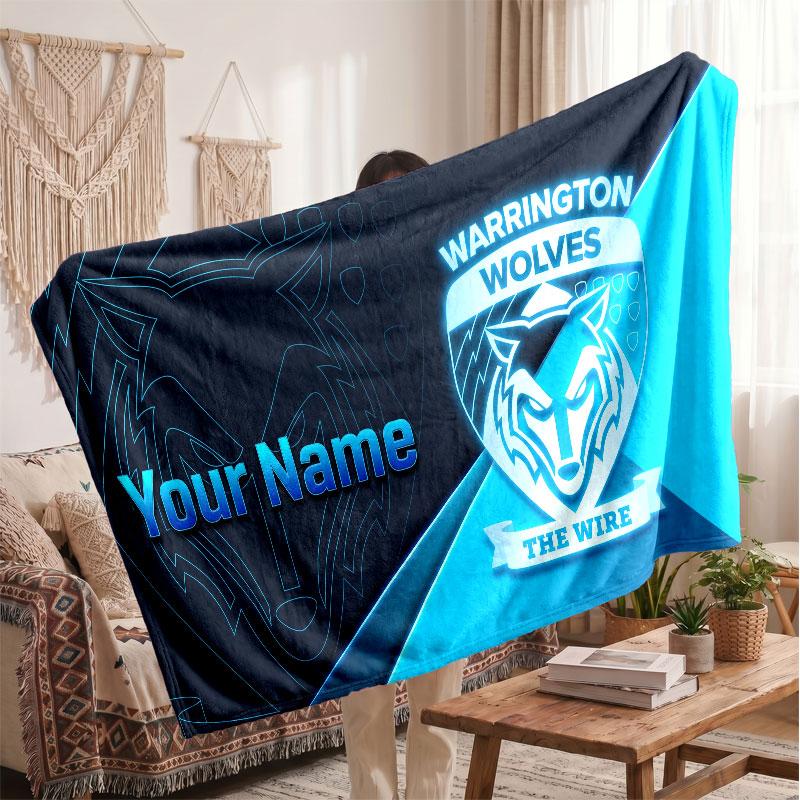 Warrington Wolves FC Personalized Fleece Blanket With Football Logo, Custom Name Text Soft Warm Home Throw Blanket