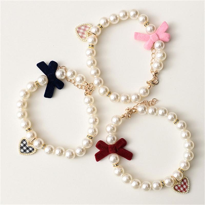 Dog Cats Pearls Necklace Handmade Pet Long Elegant Bowknot Pattern Necklace for Everyday Wear and Pet Gatherings