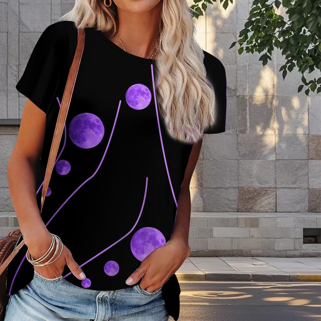 Women Summer T Shirt Moon Print Retro Fashion Short Sleeve Tees Casual   Printed  Tops