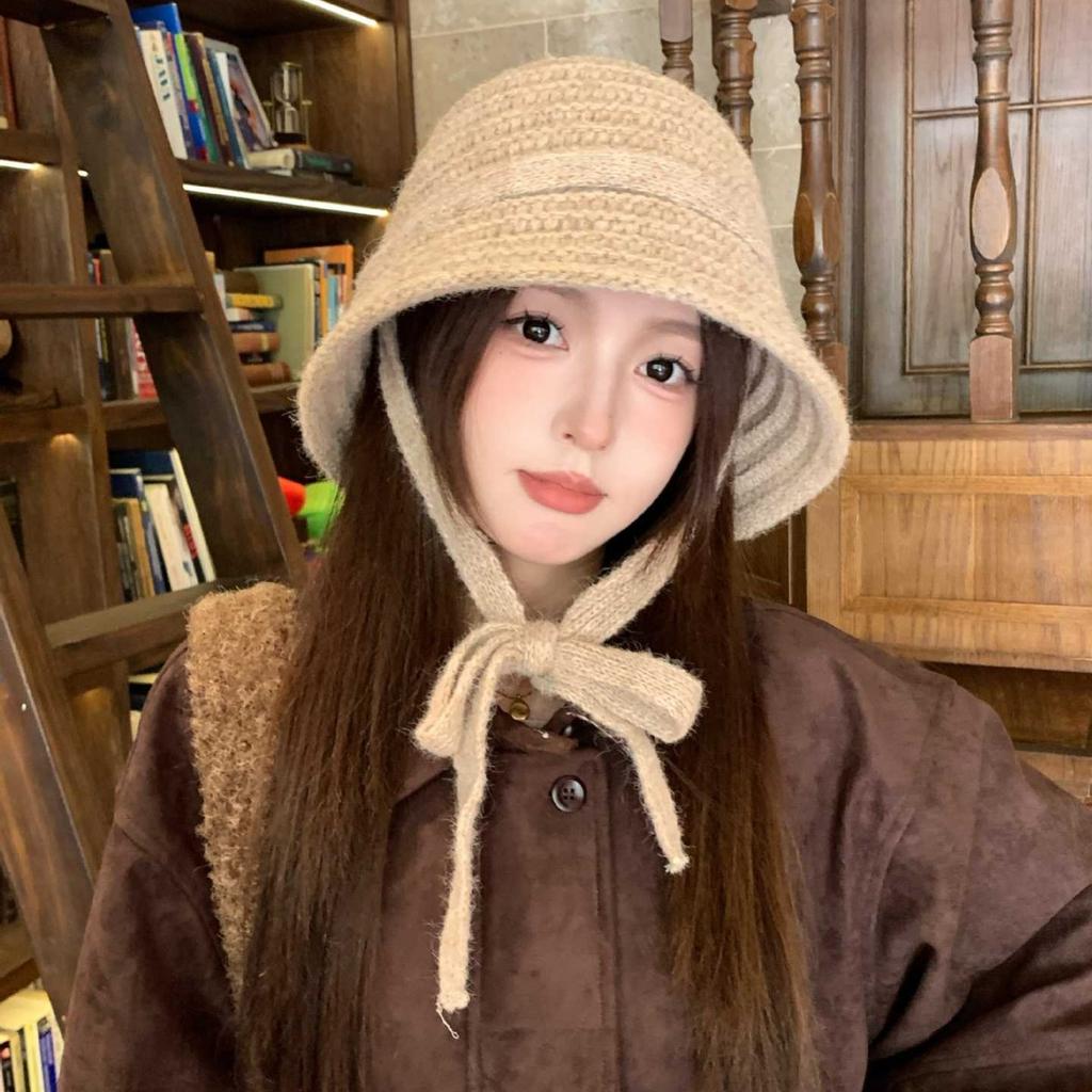 Autumn and winter versatile plush bucket hat women's warm windproof basin hat knitted hat breathable face small hat