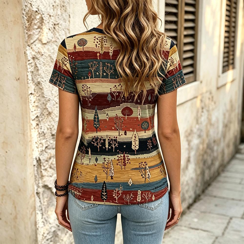 Bohemian-style Print Women's T-shirt Retro Ethnic Pattern V-neck Short Sleeve Tops Cozy Breathable Summer Vacation Casual Tee