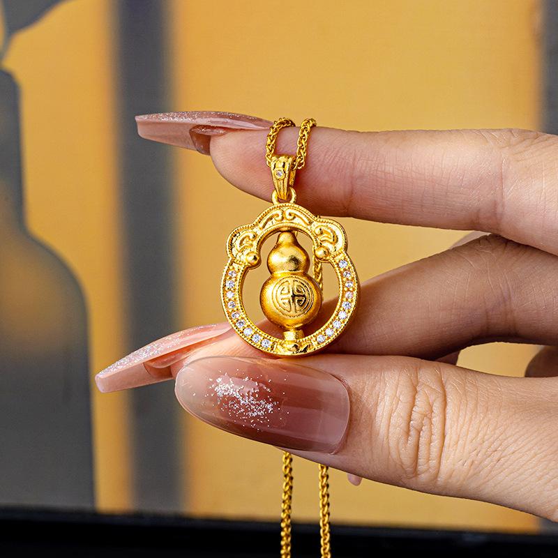 Vintage Rhinestone Rotatable Gourd Necklace - Trendy Vietnam Court Style, Gold Pendant, Long-Lasting Color Jewelry
