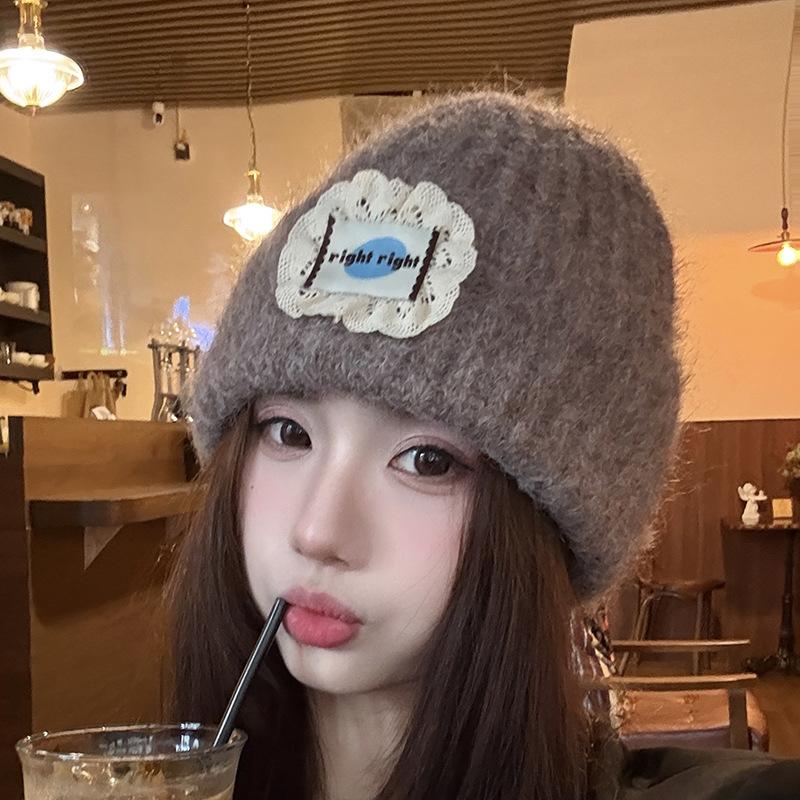 Big Head Circumference Patch Lace Knitted Wool Hat Women's Year Autumn and Winter Face Small Versatile Hat Ear Protection Cold Hat