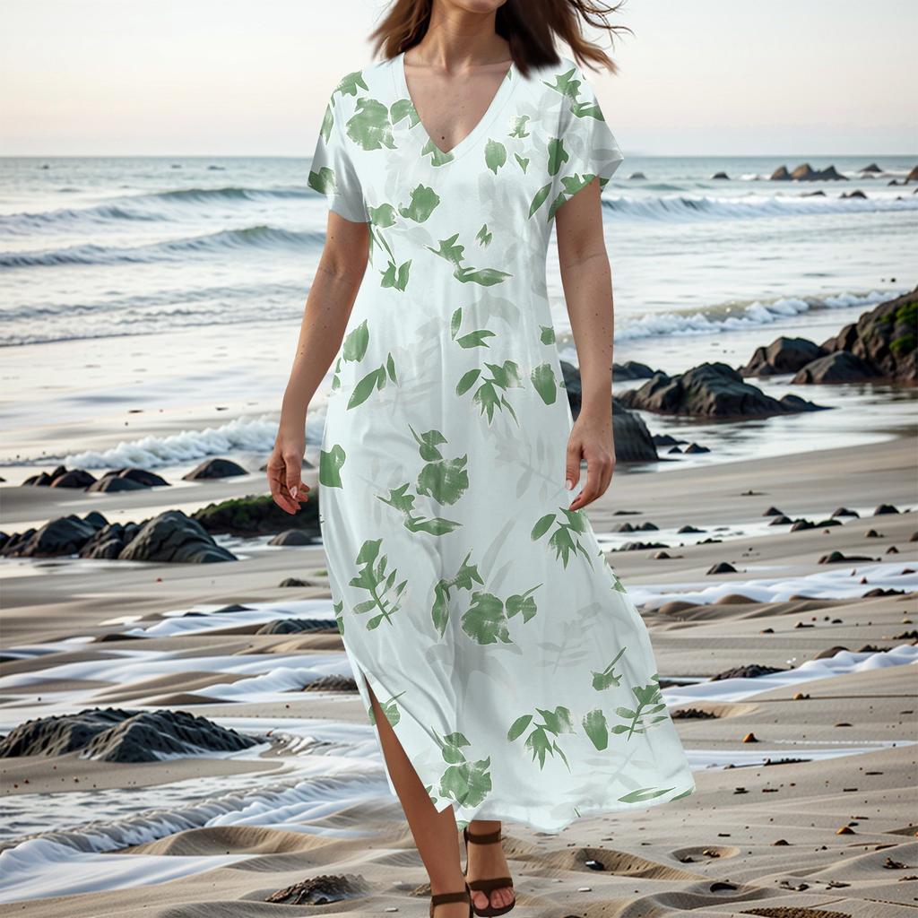 Women Summer Floral Dress Short Sleeve Beach Dress With Pockets Casual V-Neck Split Long T-Shirt Dress Travel Vacation