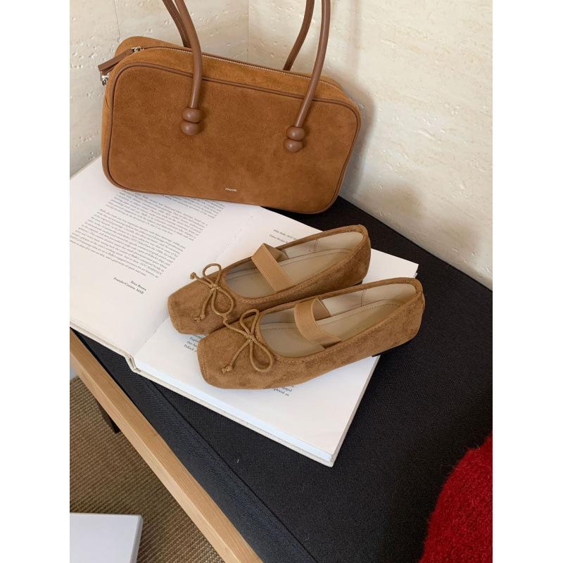 

2025 new fairy suede square head elastic band soft leather shallow mouth single shoes grandma shoes Mary Jane shoes 39 коричневий