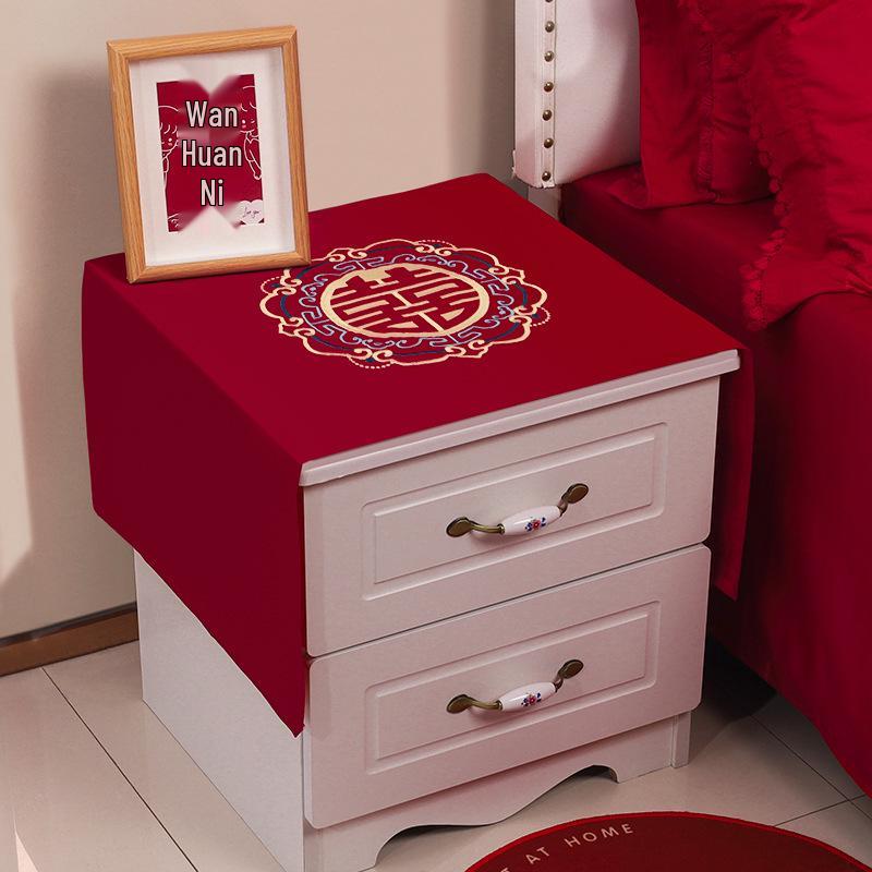 Chinese Red Wedding Bedside Table Cover with Double Happiness Print - Tablecloth & Dust Cover Set