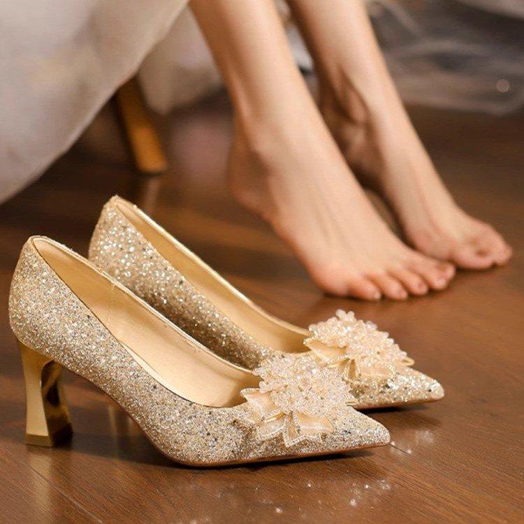 

Rhinestone Women Shoes 2025 Spring Summer New Sequined Large Size Flowers High Heels Breathable Pointed Toe Bridal Shoes 35