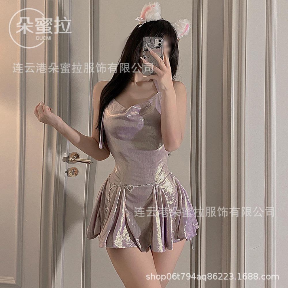 Domila's New Sexy and Fashionable Neck and Waist Slim-fitting Glossy Ruffle Edge Sexy Underwear Dress F451