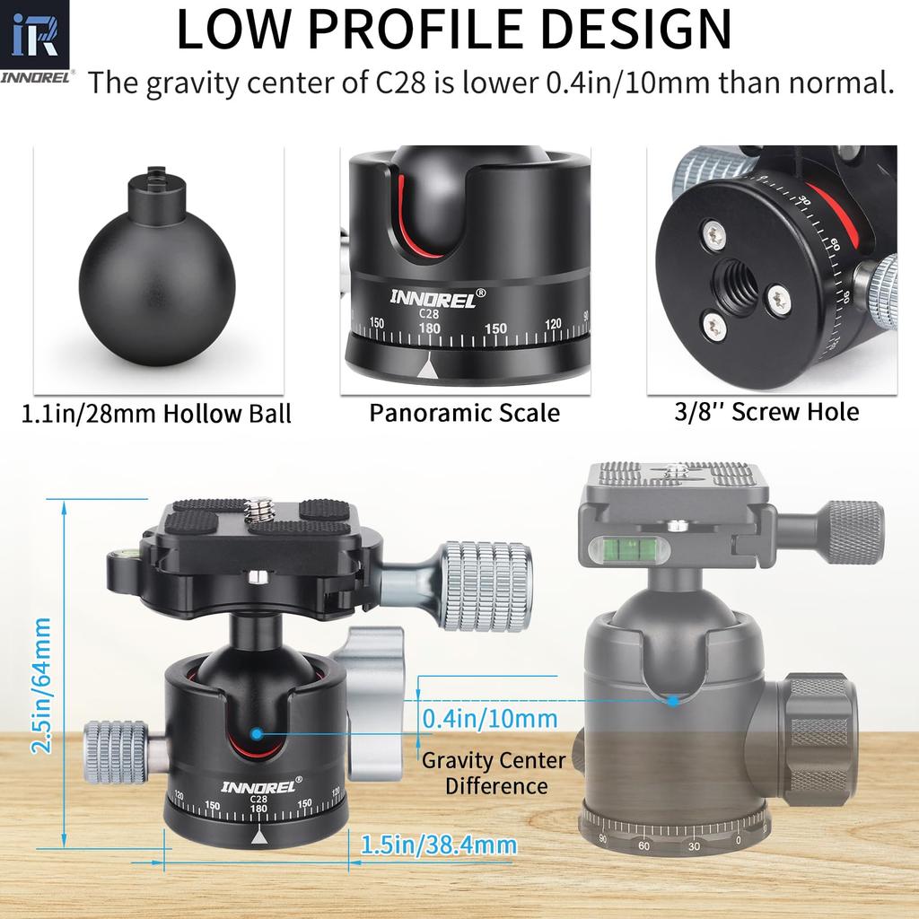 INNOREL C28 Compact Camera Pan 5kg Load Aluminum and Mounting Ball Head with Storage Bag Head, Capacity, Alloy, Arca-Swiss Compatible, 1/4" 3/8"