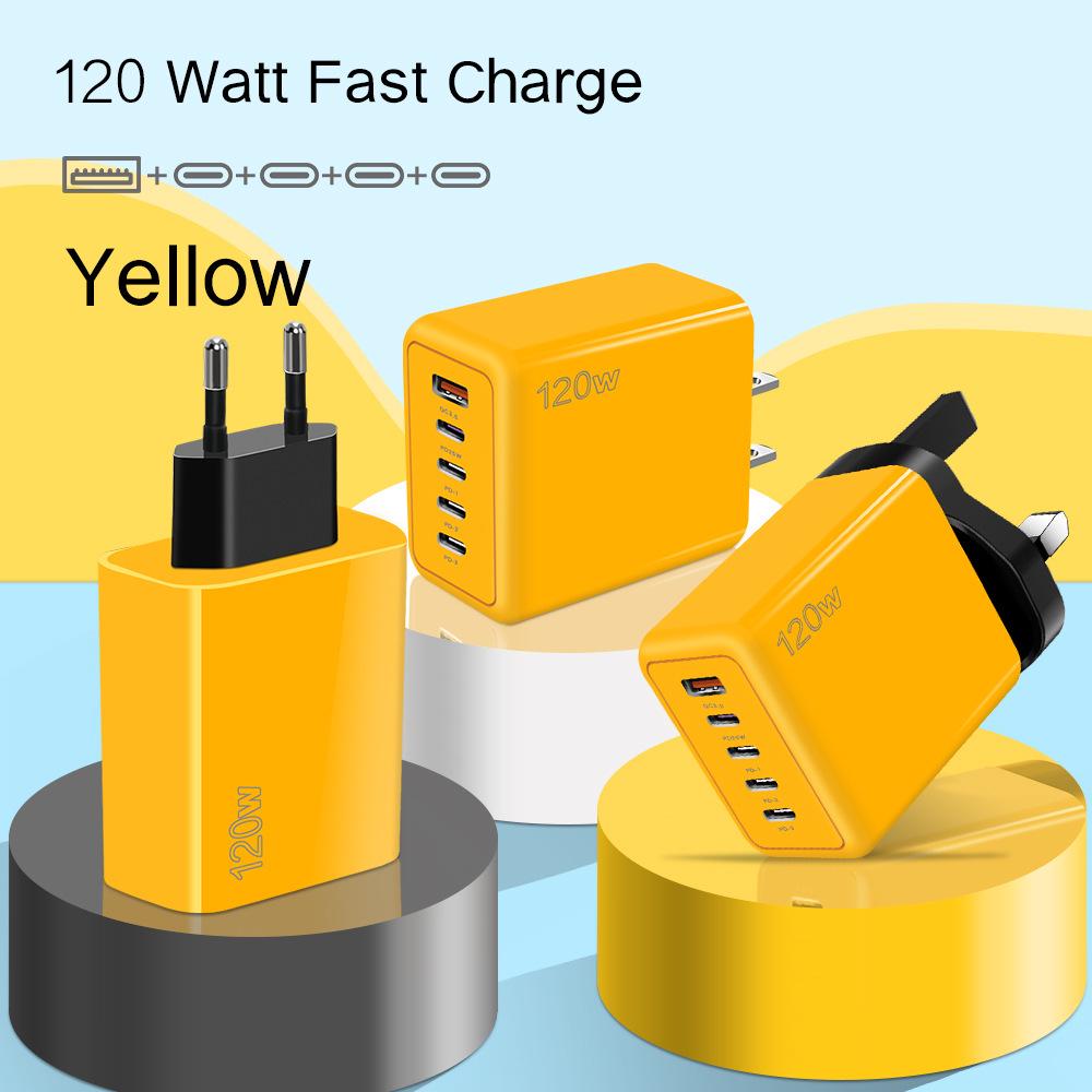 120W Multi-Port Fast Charger - 4 Ports + USB, Compatible with Xiaomi, Apple, Type-C; EU, US, UK Standards