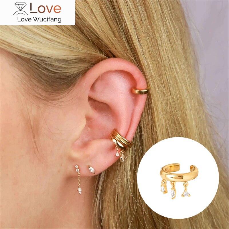 1pc 925 Sterling Silver Gold Plated Zircon Pendant Non -Pierced Ear Cuff Clip On Ear Earrings For Women Jewelry Pendientes