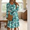 Women's Fashionable Retro Printed Color Blocked Waist Belt Casual Long Sleeved Dress